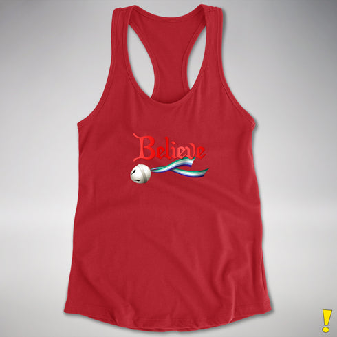 Believe Gay Male Pride Flag Jingle Bell Racerback Tank - Red